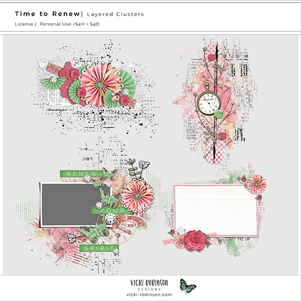 Time to Renew Digital Scrapbook and Art Journaling layered Clusters by Vicki Robinson Preview image