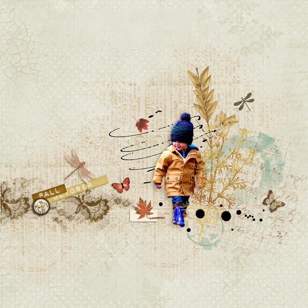 digital scrapbook page of kids playing in leaf piles with scattered leaf brushes