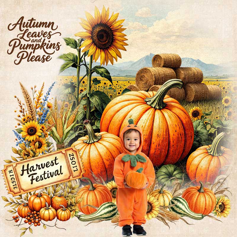 How To Capture Autumn’s Beauty: 10 Digital Scrapbooking Inspirations digital scrapbook layout of a toddler in a pumpkin costume surrounded by pumpkins, sunflowers, corn, and harvest festival tickets
