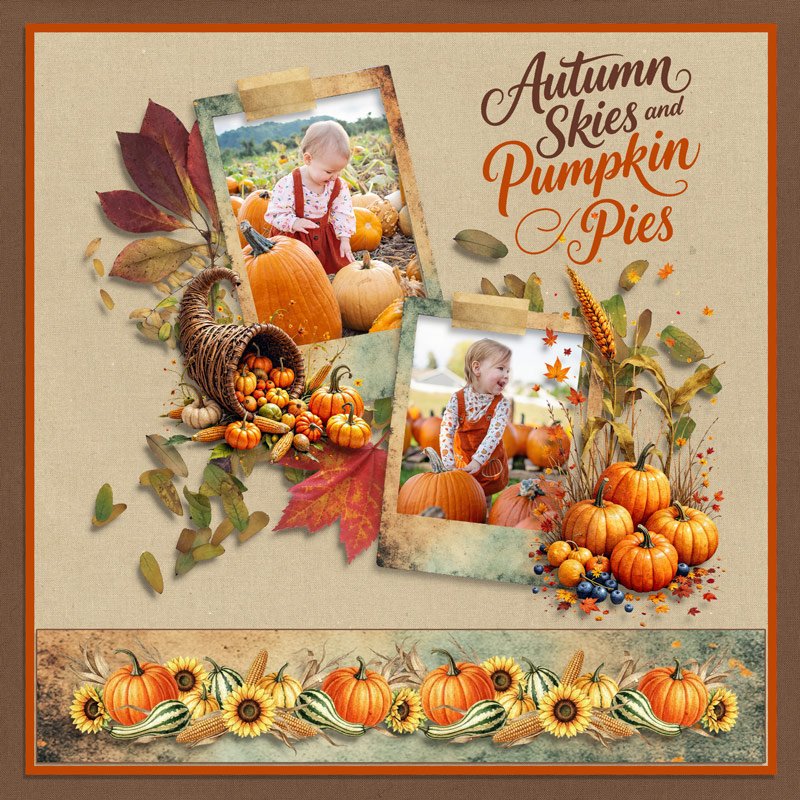 How To Capture Autumn’s Beauty: 10 Digital Scrapbooking Inspirations digital scrapbook layout of a smiling child in a pumpkin patch with cornucopia, sunflowers, and autumn leaves