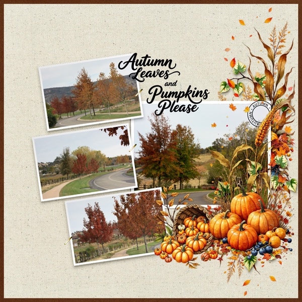 vicki-robinson-cornucopia-autumn-digital-scrapbooking-layout-by-vicki digital scrapbook layout featuring vibrant autumn foliage and layered leaf textures