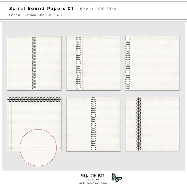 vrd-spiral-papers-01-06 Spiral Notebook Paper Packs for Digital Scrapbooking by Vicki Robinson