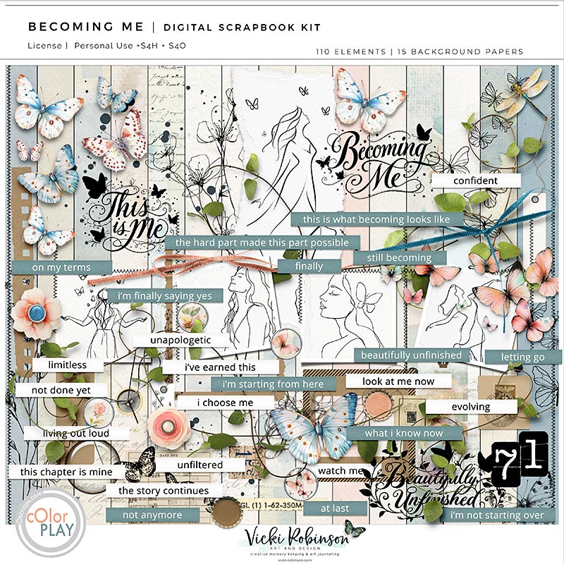 becoming-me-digital-scrapbooking-kit-vicki-robinson Preview image of Becoming Me, a mixed media digital art journaling collection by Vicki Robinson