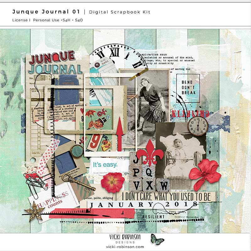 junque-journal-01-art-journaling-vicki-robinson Preview image of Junque Journal 01, a vintage-inspired mixed media digital art journaling collection by Vicki Robinson