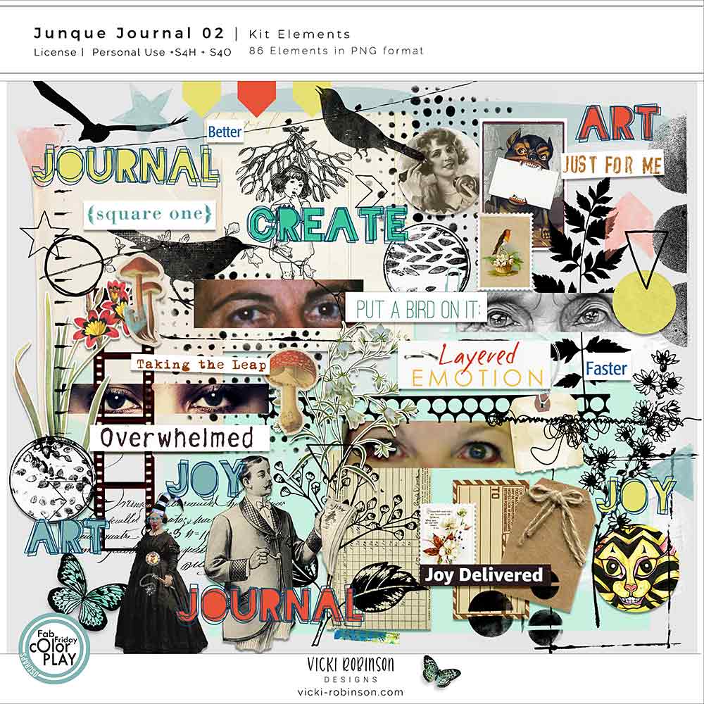 junque-journal-02-art-journaling-vicki-robinson Preview image of Junque Journal 02, a fun and funky mixed media digital art journaling collection by Vicki Robinson