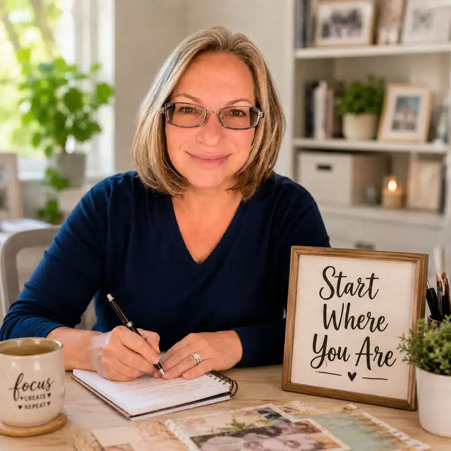 Vicki Robinson writing at a creative desk beside a framed Start Where You Are sign.