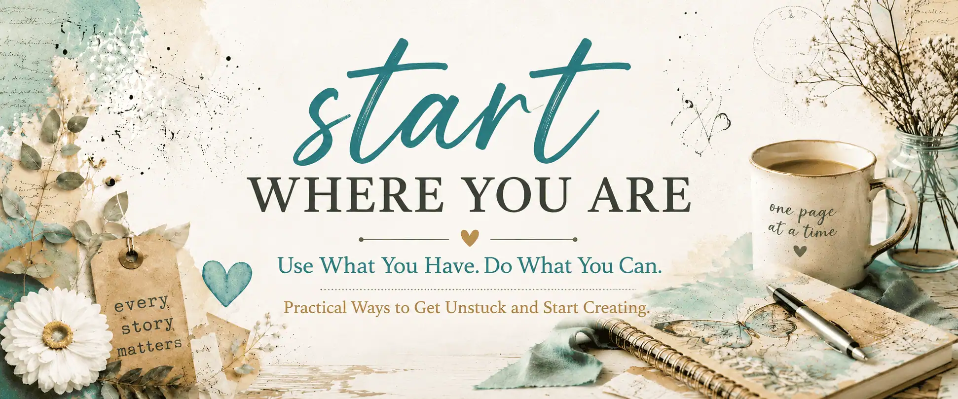 start-where-you-are-practical tart Where You Are displayed surrounded by photos, art supplies, and creative workspace elements
