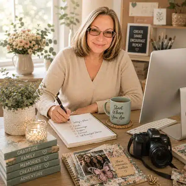 Vicki Robinson writing at a creative desk beside a framed Start Where You Are coffee mug
