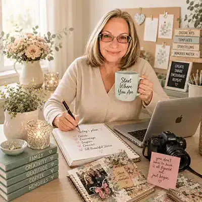 Vicki Robinson writing at a creative desk beside a framed Start Where You Are coffee mug