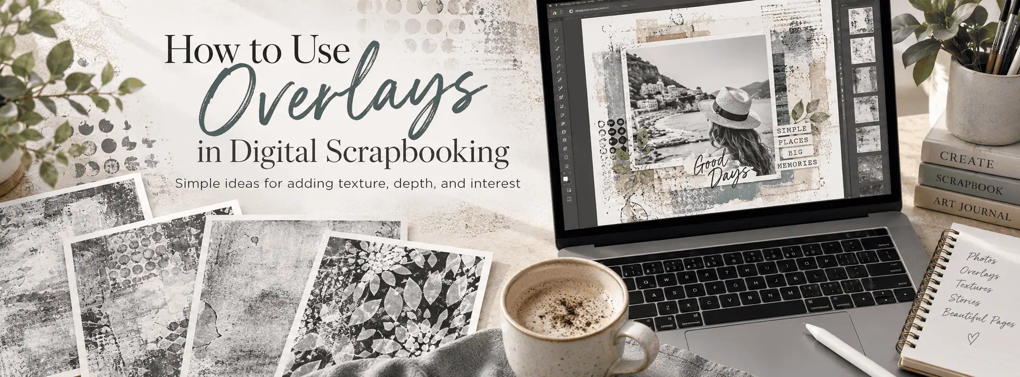 texture-overlays-digital-scrapbooking-featured. Texture overlays in digital scrapbooking — laptop showing a layout with overlays applied, surrounded by printed overlay samples and a coffee cup
